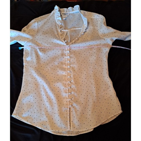 EXPRESS Slim Fit Portofino Blouse White with Black Polka Dot Button Accents Sz S - Picture 6 of 11
